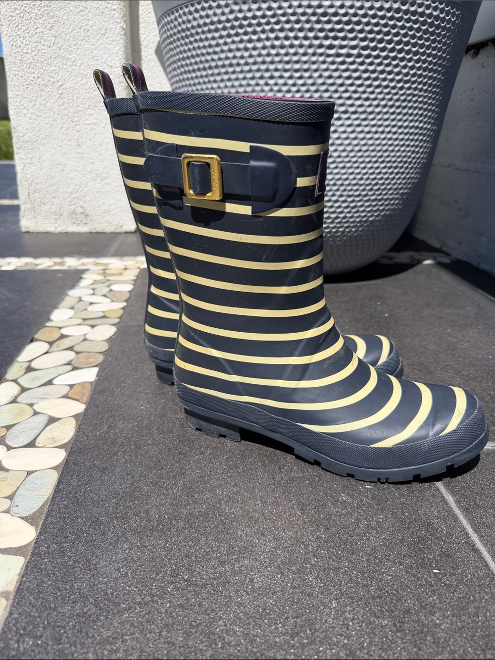 Women's Navy and Cream Striped Rain Boots